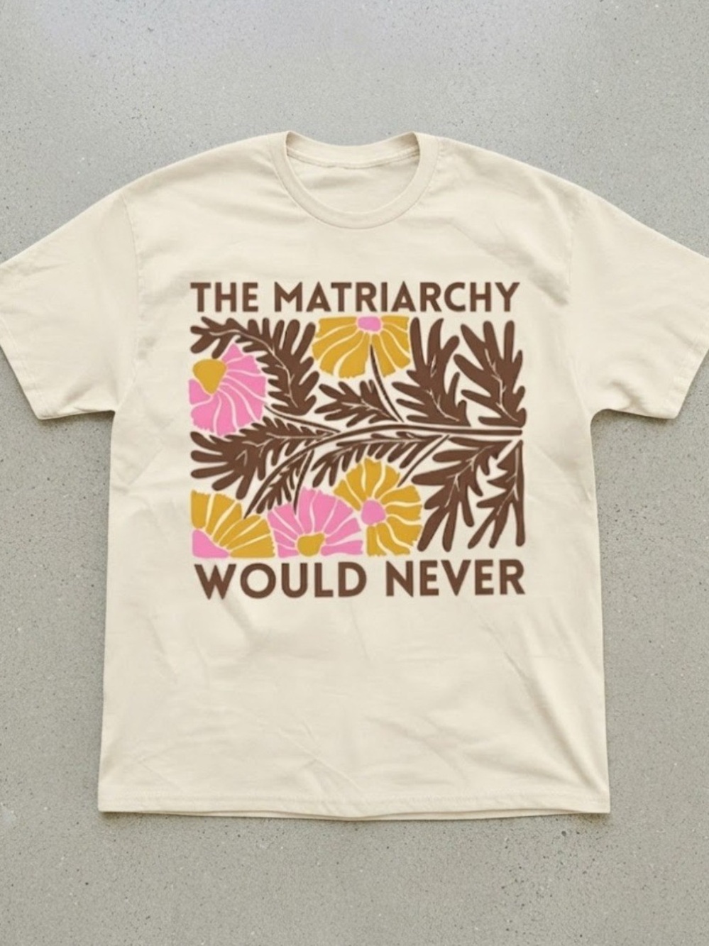 Gildan Cream Short-Sleeve Tee with Brown, Pink & Yellow Floral Graphic